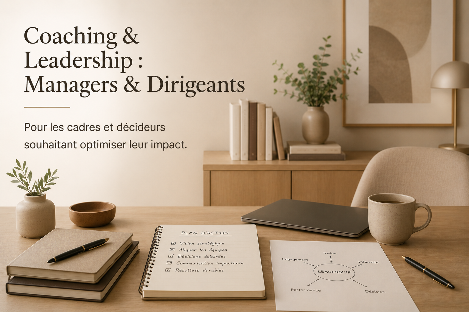 Bureau professionnel avec plan d'action pour le coaching en leadership, destiné aux managers et dirigeants souhaitant optimiser leur impact stratégique toulon Marseille et alentours