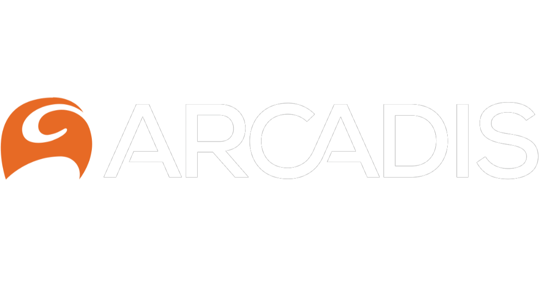 ARCADIS logo with an orange stylised eagle emblem and white text on a black background.