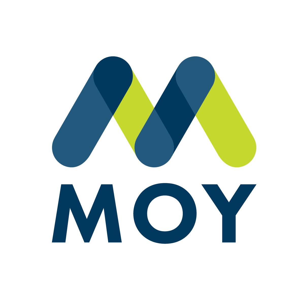 Colorful logo with a stylized 'M' made of overlapping rounded shapes in dark blue and lime green, with the word 'MOY' written below in bold uppercase dark blue letters.