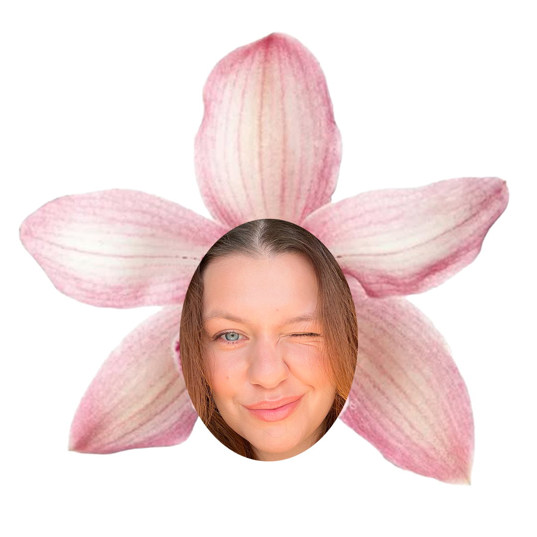A woman with long brown hair winking and smiling, with her face blended into the center of a pink flower with five petals.