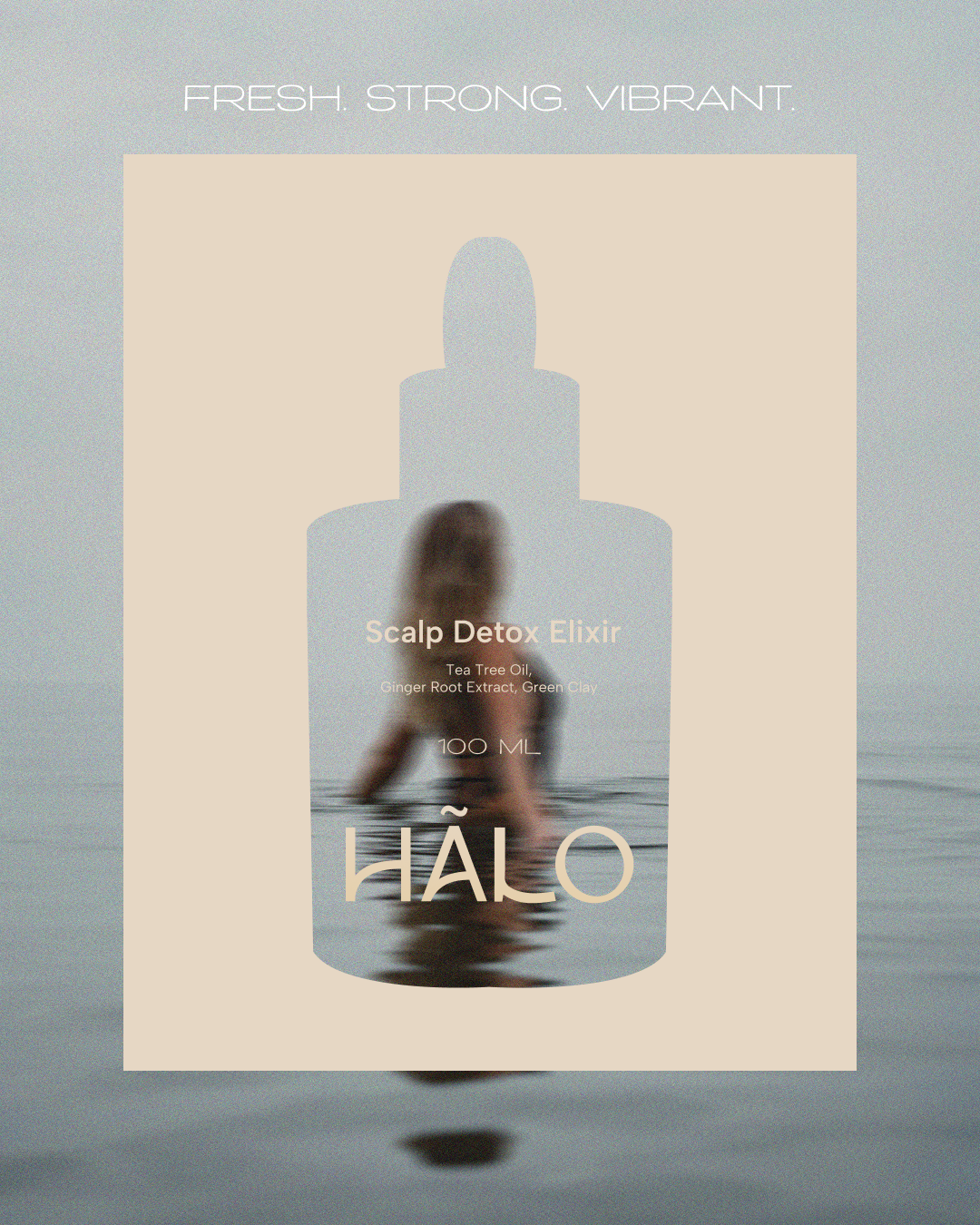Product packaging for Halo Scalp Detox Elixir featuring a blurred woman in water reflected with text about the product, which contains tea tree oil, ginger root extract, and green clay.