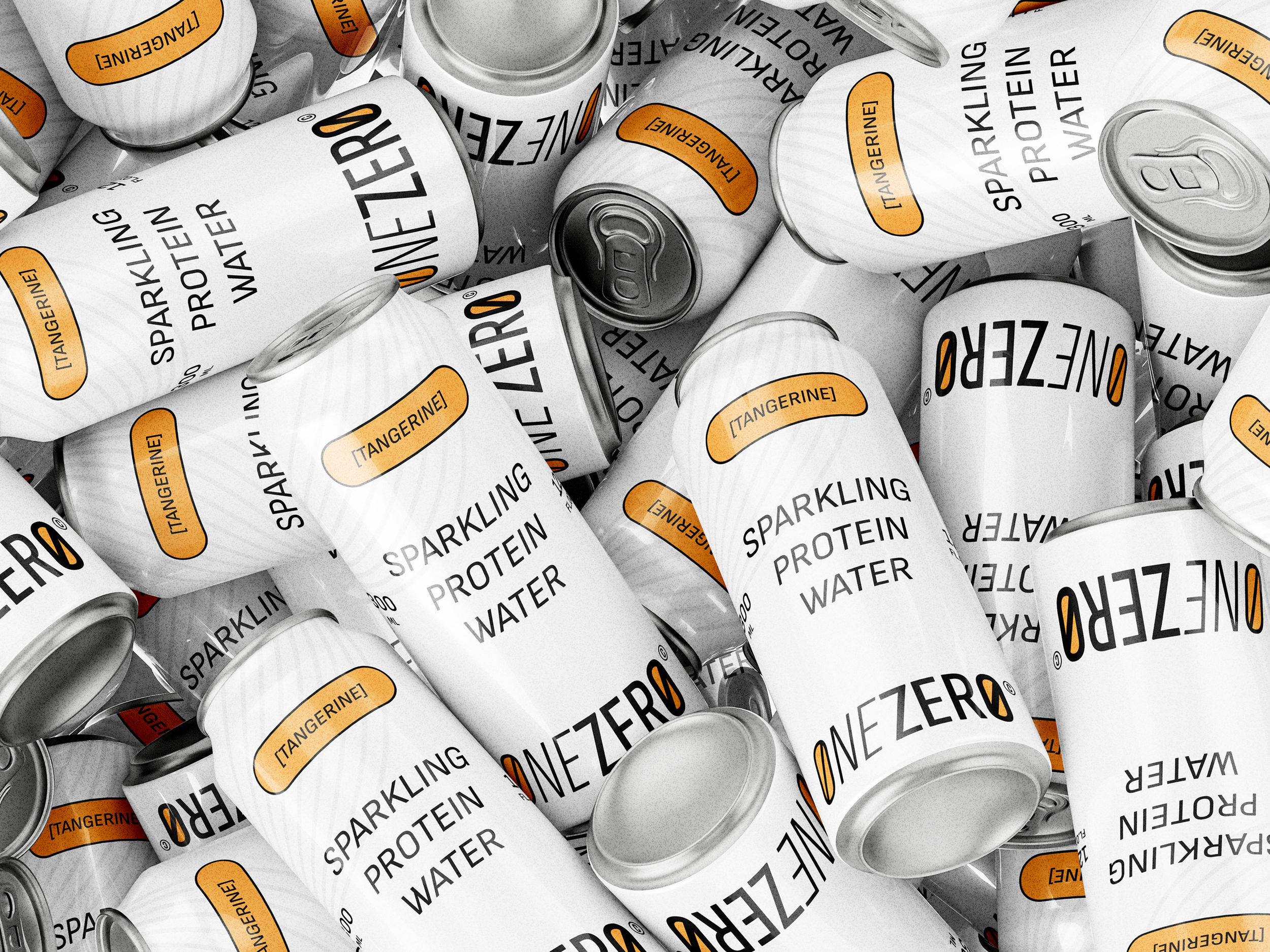 A pile of cans labeled 'Sparkling Protein Water' with a tangerine flavor, featuring white cans with black text and orange accents.
