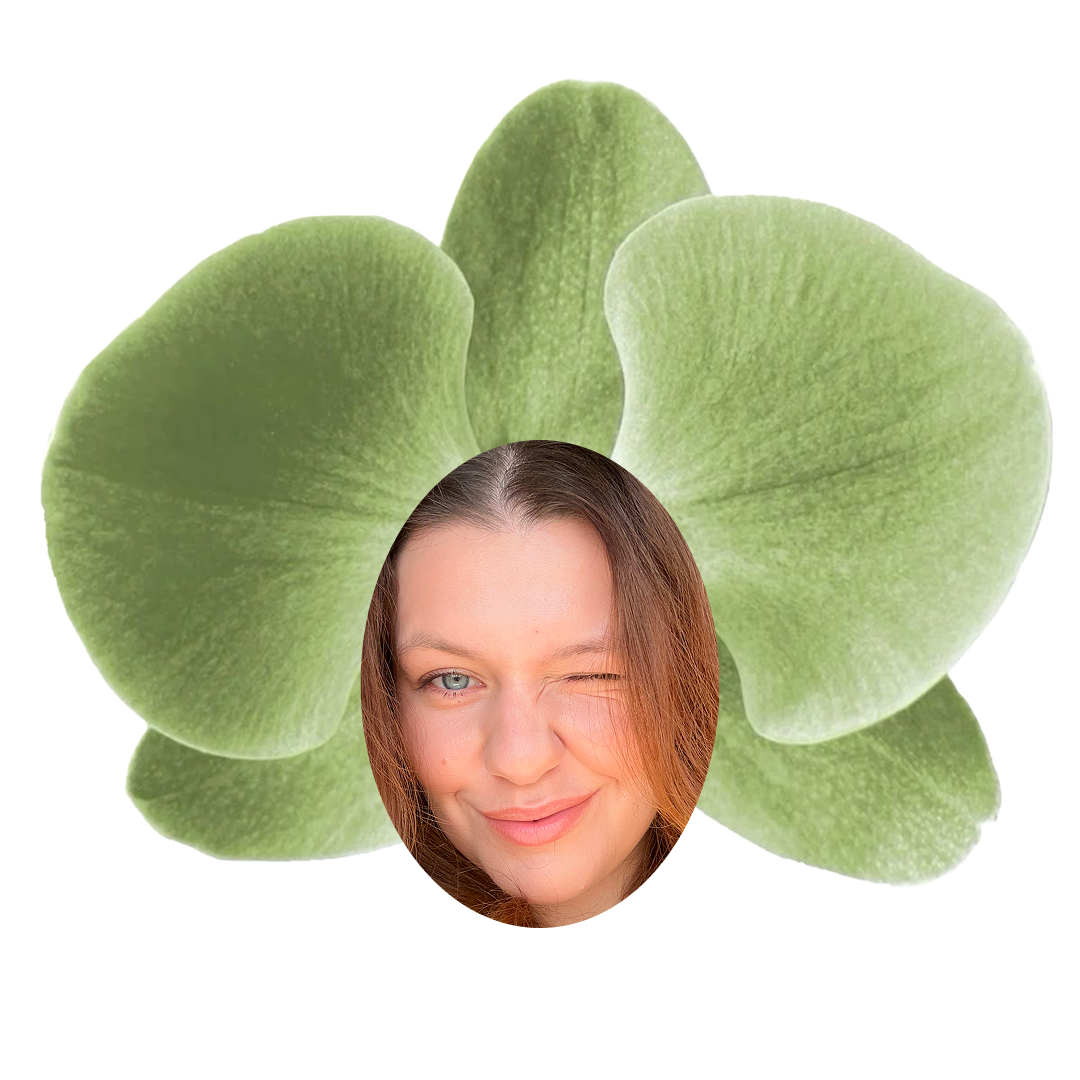 A collage featuring a woman's face with light brown hair winking and smiling, set against large green leaves or a plant background.