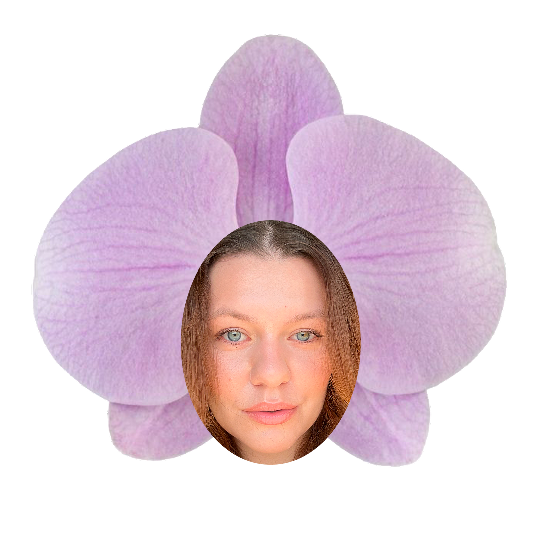 A woman with light skin and brown hair, superimposed onto a pink orchid flower with purple veins.