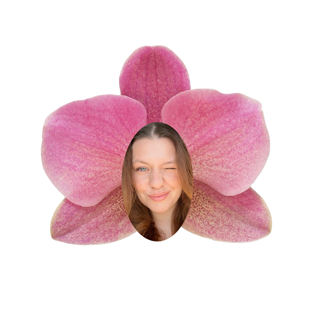 A digital collage featuring a close-up of a pink flower with a woman's face, winking, inserted in the center of the flower.