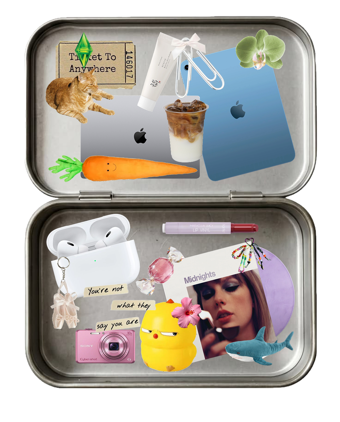 Open metal lunch box filled with various items including a pair of white wireless earbuds, a pink camera, a yellow plush chick, a pink LED lip tattoo, a pink flower, a blue whale-shaped toy, a photo of a woman with makeup, a purple circular object, sticky notes with writing, a candy, a keychain, a lipstick, a smartphone, a flower, a cucumber, a carrot, a packet of lotion, a paper clip with a flower, an orchid flower, a cat plush, a lottery ticket, an iced coffee, a tube of cream, a hanger, and a green leaf.