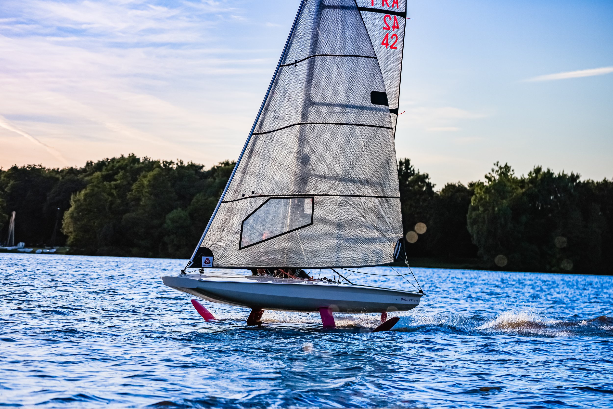 A sailboat on a body of water during sunset with trees in the background.