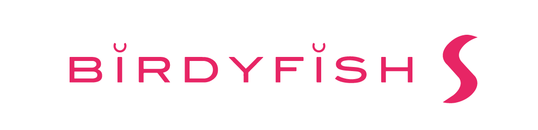 Logo for Birdy Fish with stylized pink text and a fish hook shape at the end.