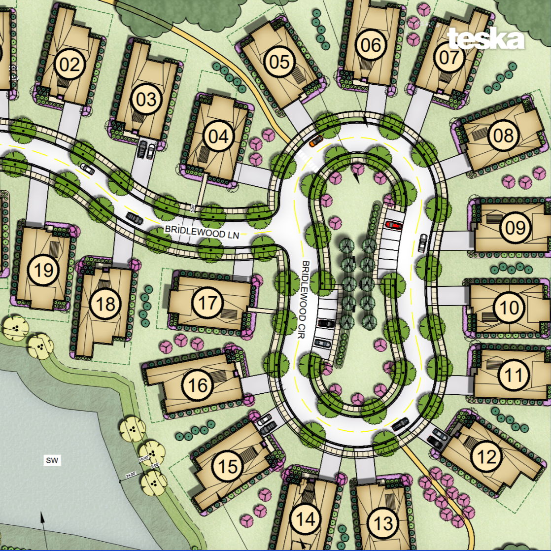 A detailed site plan of a residential neighborhood showing numbered houses, roads, driveways, trees, and landscaping features.