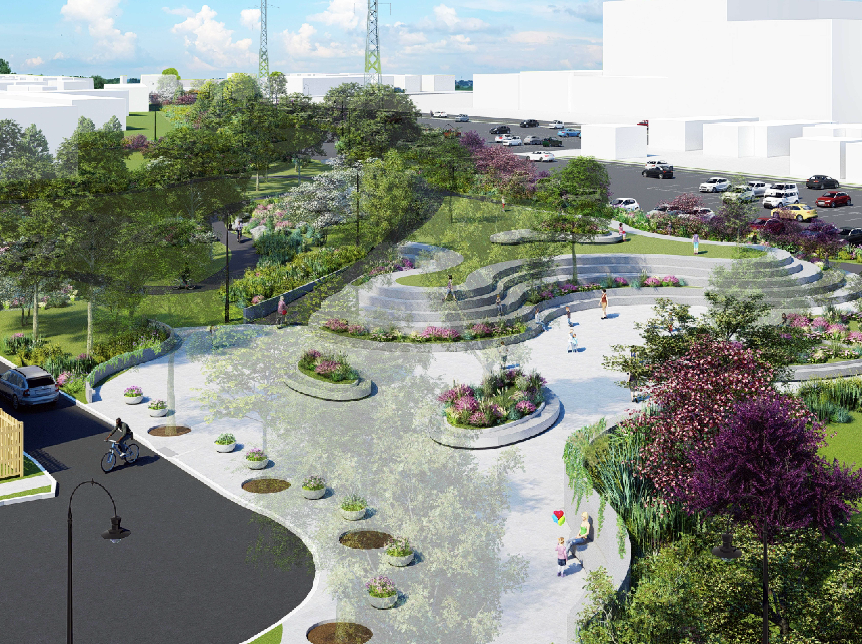 A digital rendering of a public park next to a parking lot with cars, featuring trees, shrubs, flowers, walking paths, and people enjoying the space.