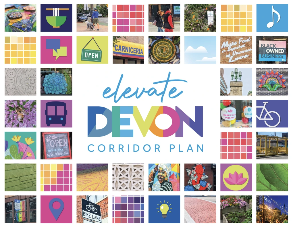 A colorful collage of images surrounding the text 'Elevate Devon Corridor Plan' with photographs of murals, street signs, flowers, people walking, and community artwork.