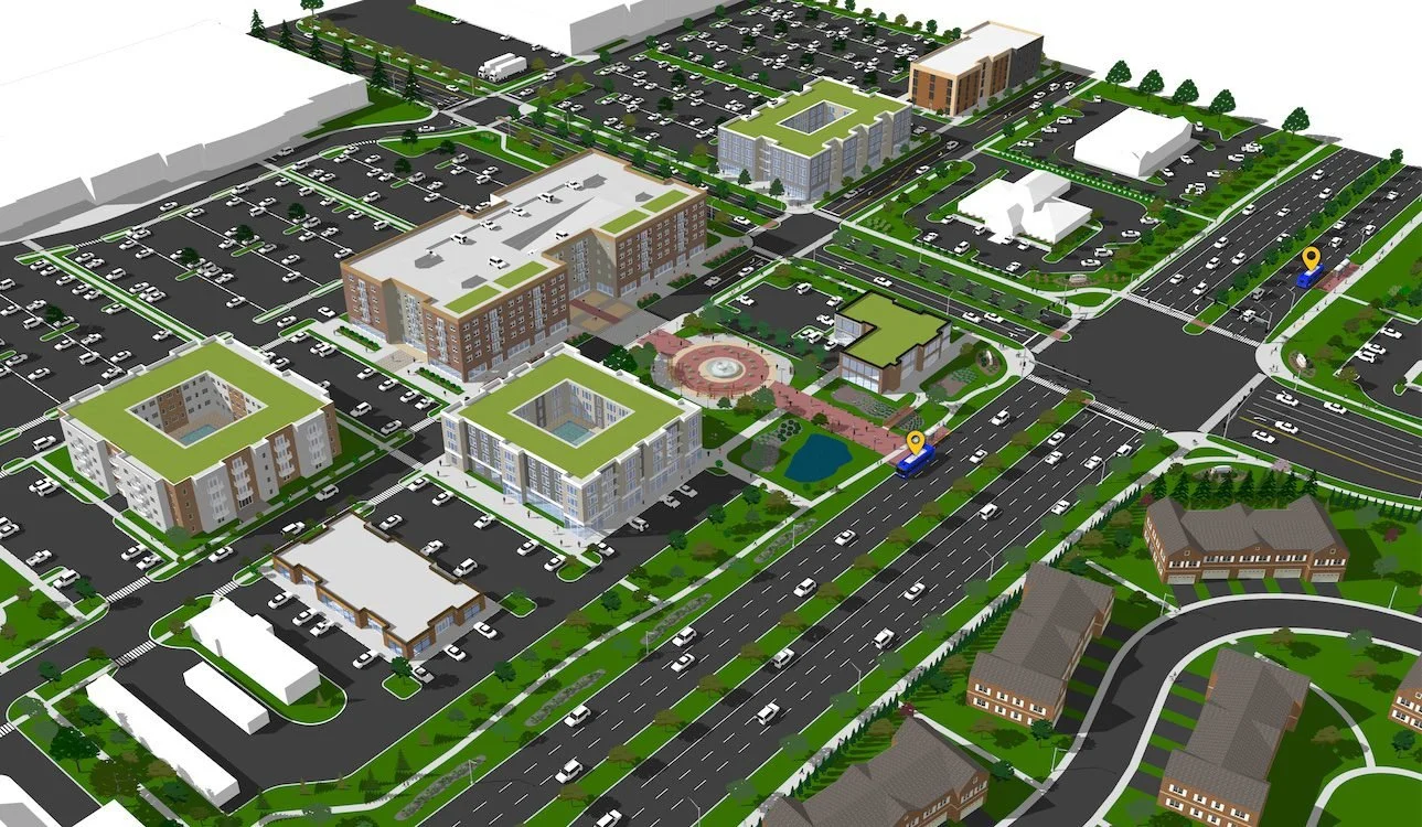 A detailed digital rendering of an urban residential neighborhood with multi-story apartment buildings, parking lots, streets, green spaces, and a few small parks and water features.
