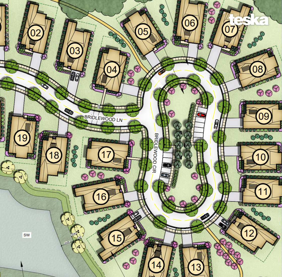 A neighborhood layout plan featuring numbered houses, streets, trees, and landscaping details. Streets include Bridlewood Lane and Bridlewood Circle, with parked cars and decorative planting around homes and roads.