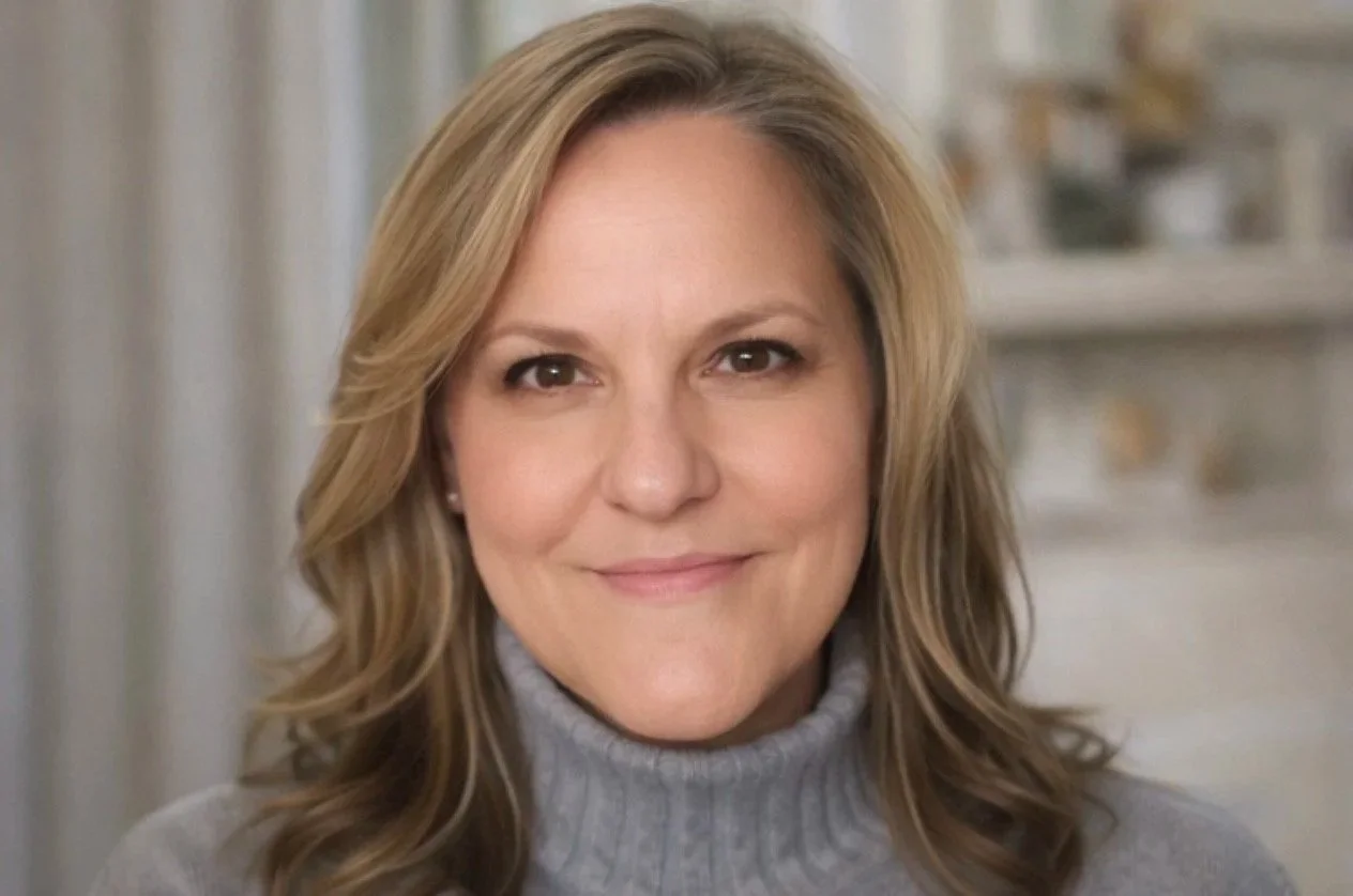 A woman with light brown, shoulder-length hair smiling, wearing a gray turtleneck sweater, in a softly lit room.