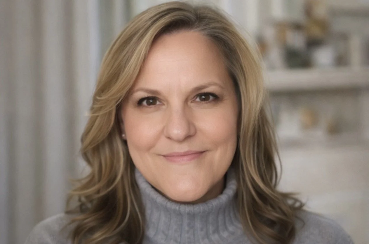 Close-up portrait of a woman with shoulder-length light brown hair, wearing a gray turtleneck sweater, smiling softly, indoors with blurred background.