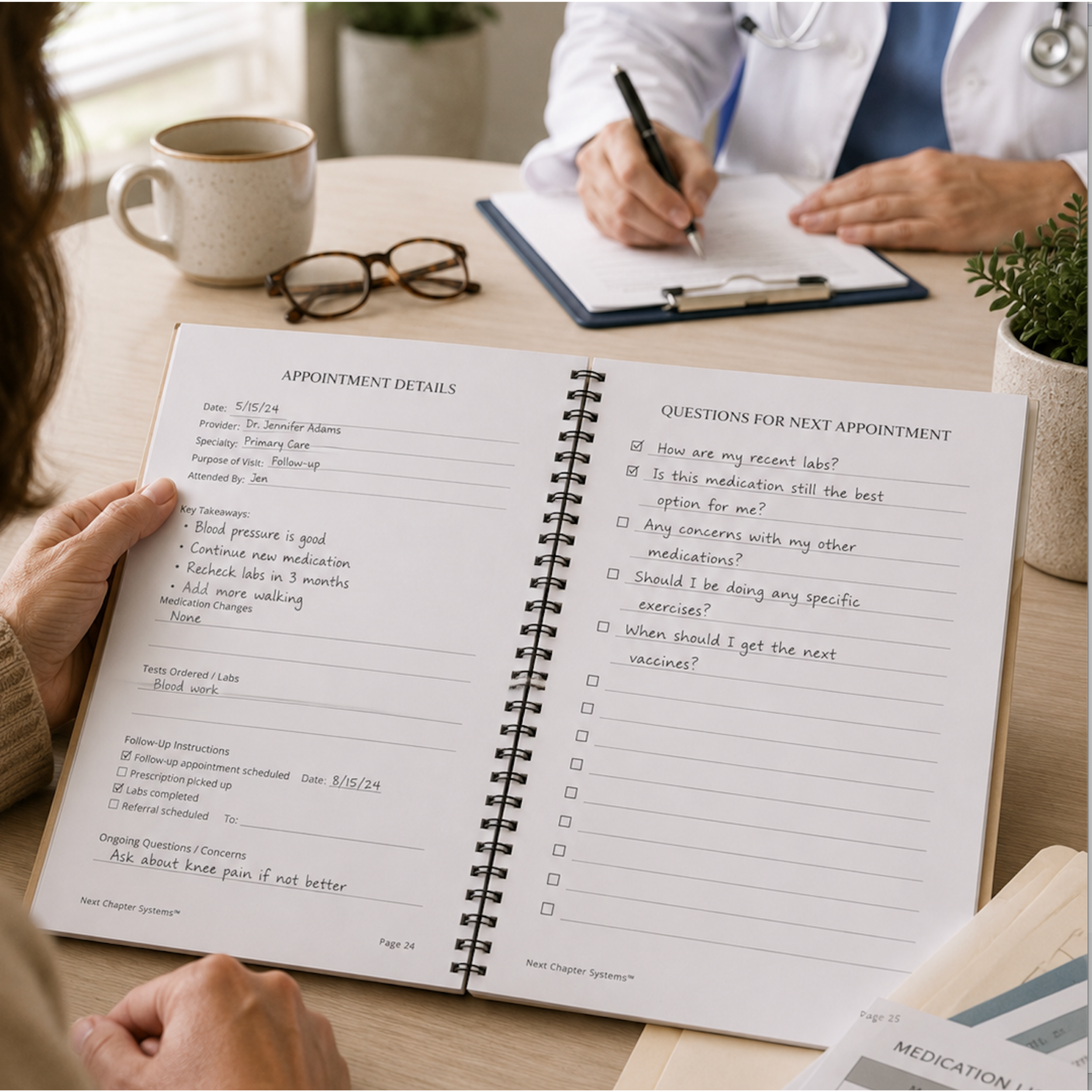 A person holding a spiral notebook with written appointment details, including date, provider, and purpose of visit, in a medical setting. There is a stethoscope on the doctor wearing a white coat, a coffee mug, eyeglasses, and a plant on the wooden table.