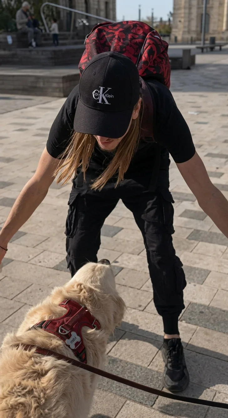 Une jeune femme avec une casquette noire Calvin Klein et un t-shirt noir se penche vers un chien golden retriever portant un harnais rouge, dans une zone urbaine avec des pavés et des personnes en arrière-plan.