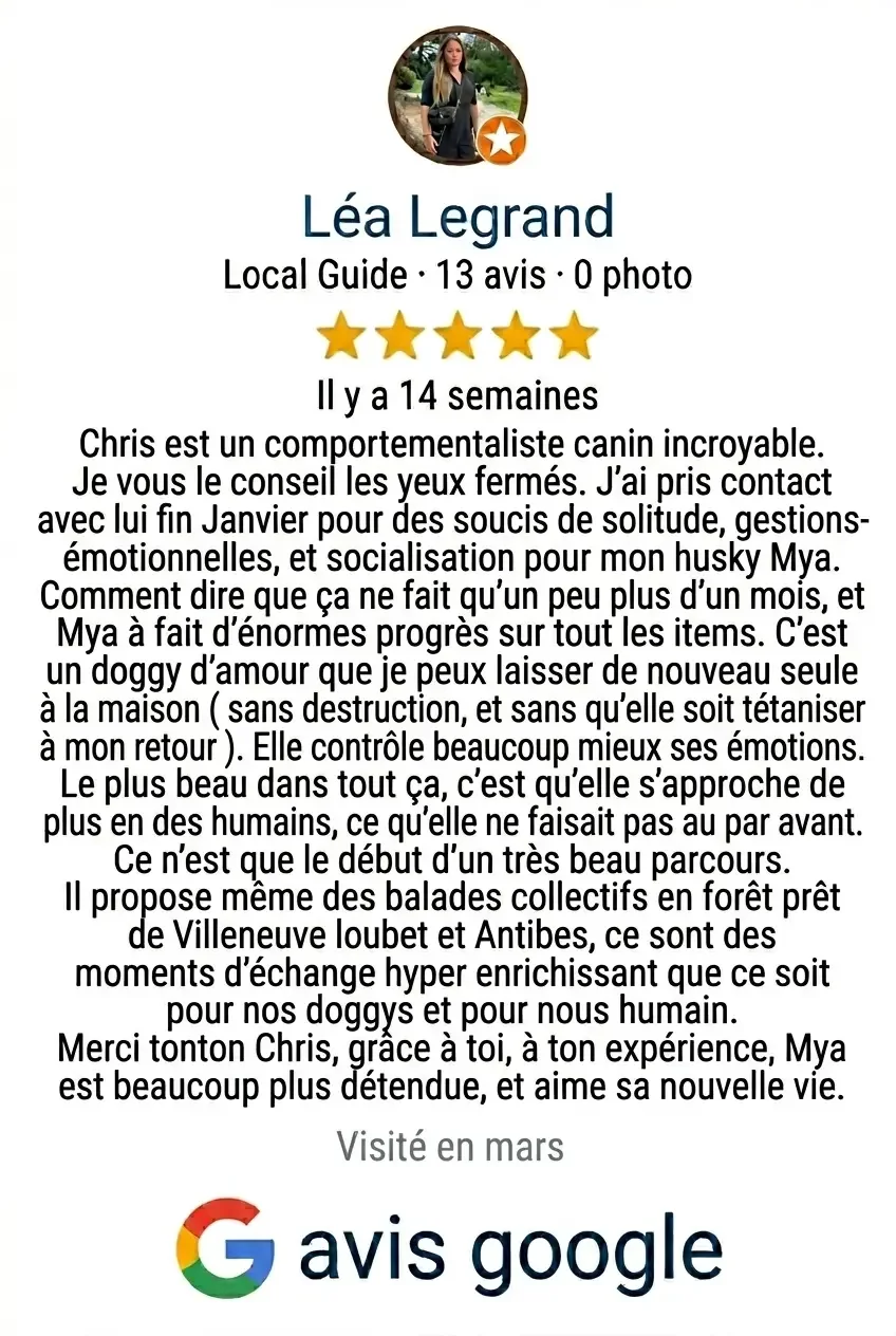Capture d'écran d'un profil Google d'une femme nommée Léa Legrand, avec une note de 5 étoiles, mentionnant une visite en mars, avec un commentaire élogieux sur son chien Chris et ses progrès, accompagné du logo 'avis google'.