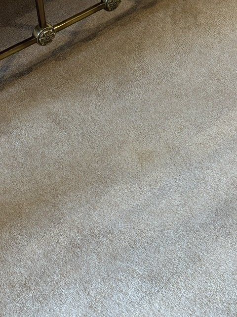 Close-up of a beige carpeted floor with part of a metal and decorative wooden furniture leg visible in the upper left corner.
