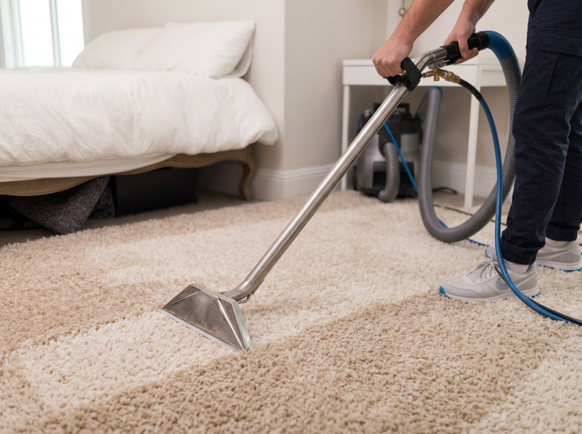 Technician using a professional hot-water extraction machine for carpet cleaning in South West London and Surrey