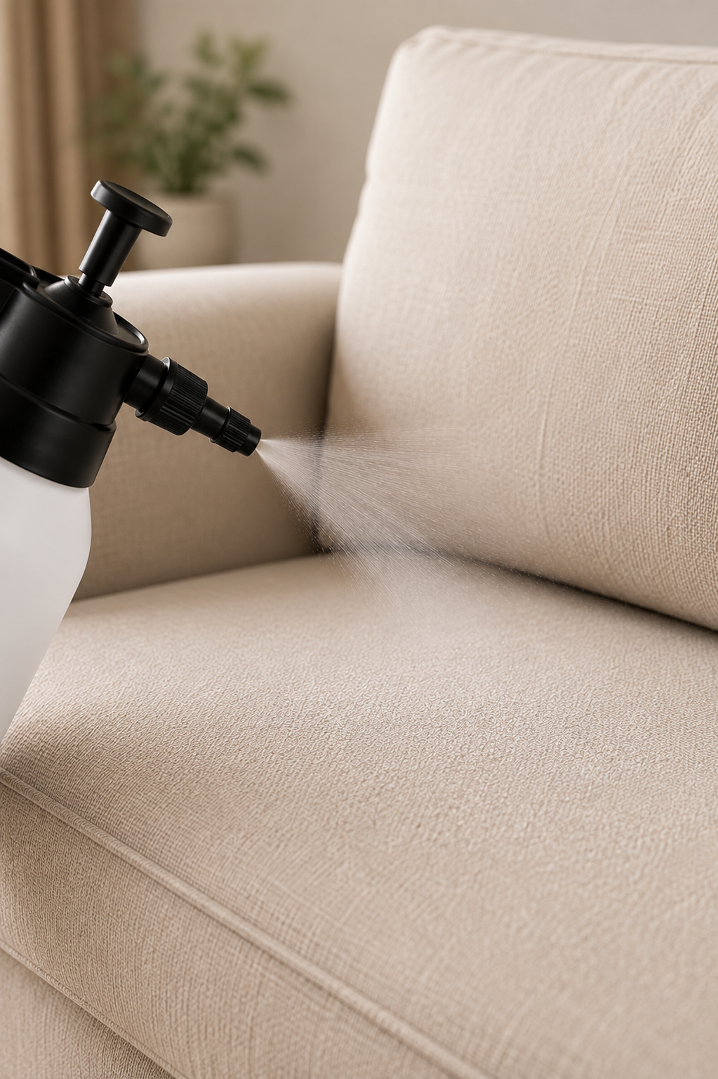 Technician applying fabric stain protection spray to a clean velvet armchair, South West London and Surrey
