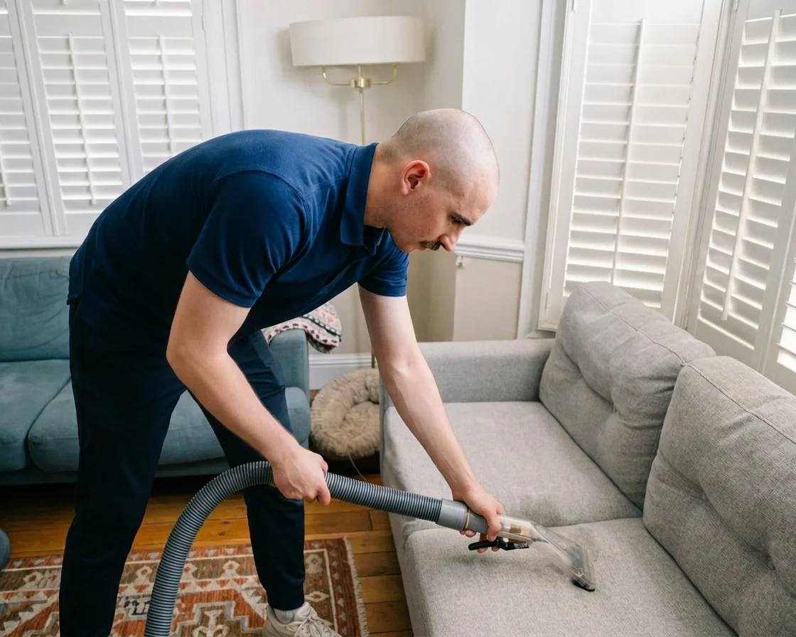 Technician using hot water extraction machine to clean a light grey fabric sofa in South West London and Surrey.