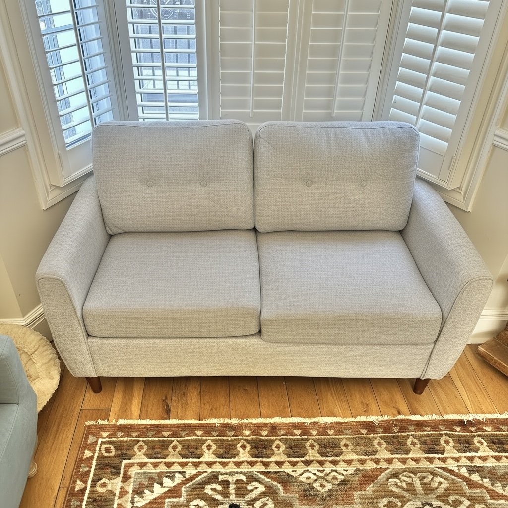 Professional upholstery and rug cleaning results on a fabric sofa and patterned rug in a Clapham living room, South West London.