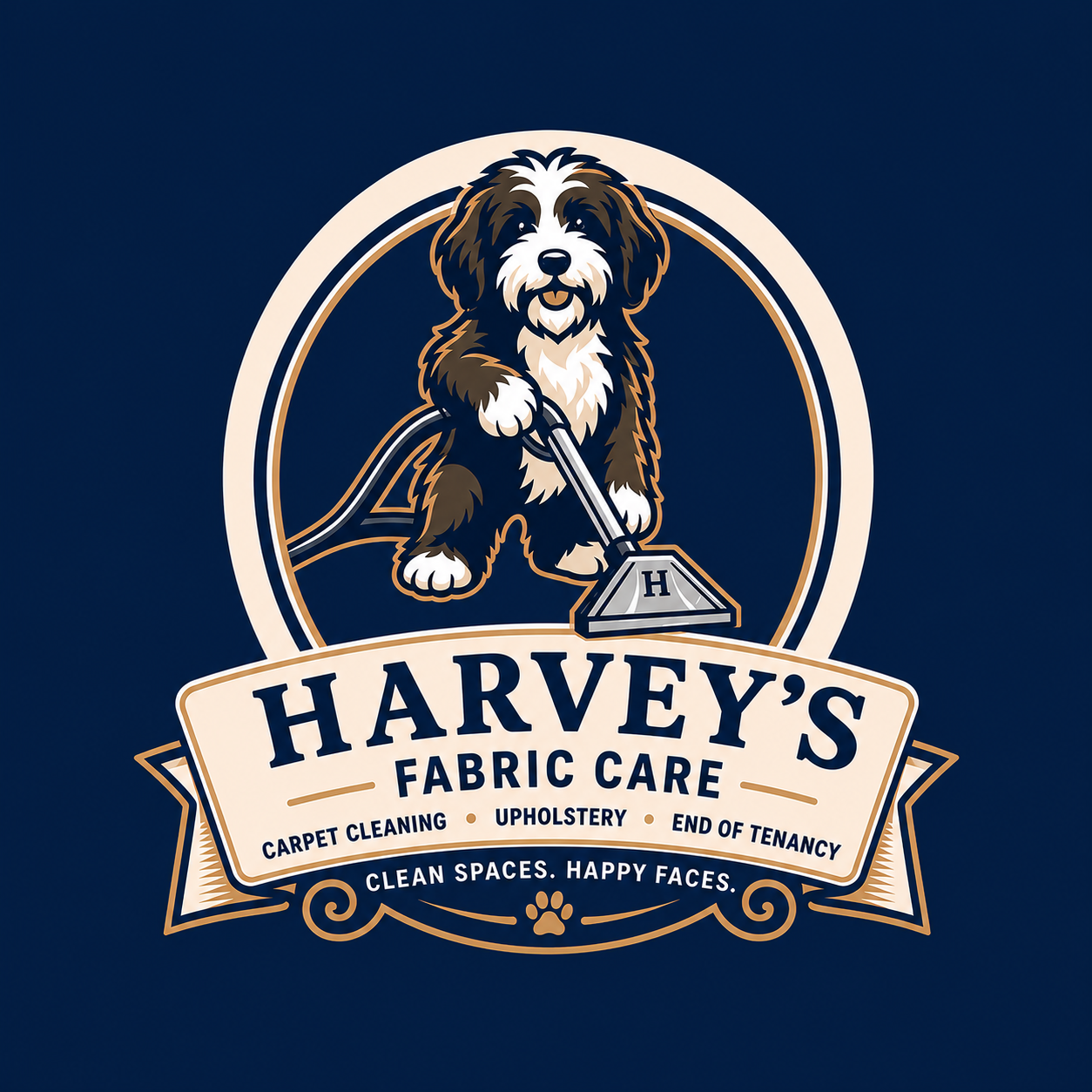 Logo for Harvey's Fabric Care featuring a cute dog holding a floor cleaning tool, with text advertising carpet cleaning, upholstery, and end of tenancy cleaning services.