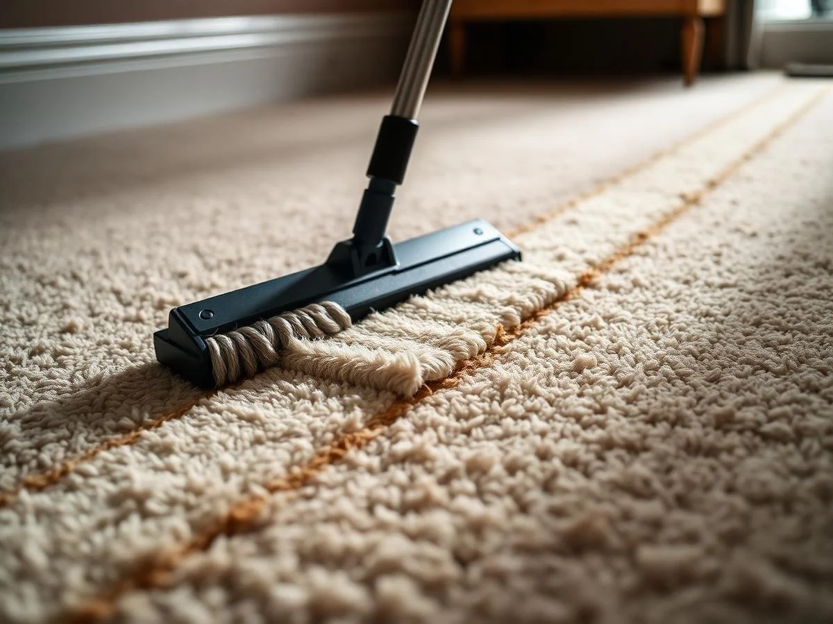 Close-up of a vacuum cleaner with a rug-beater attached, cleaning a plush beige carpet with a straight pattern.