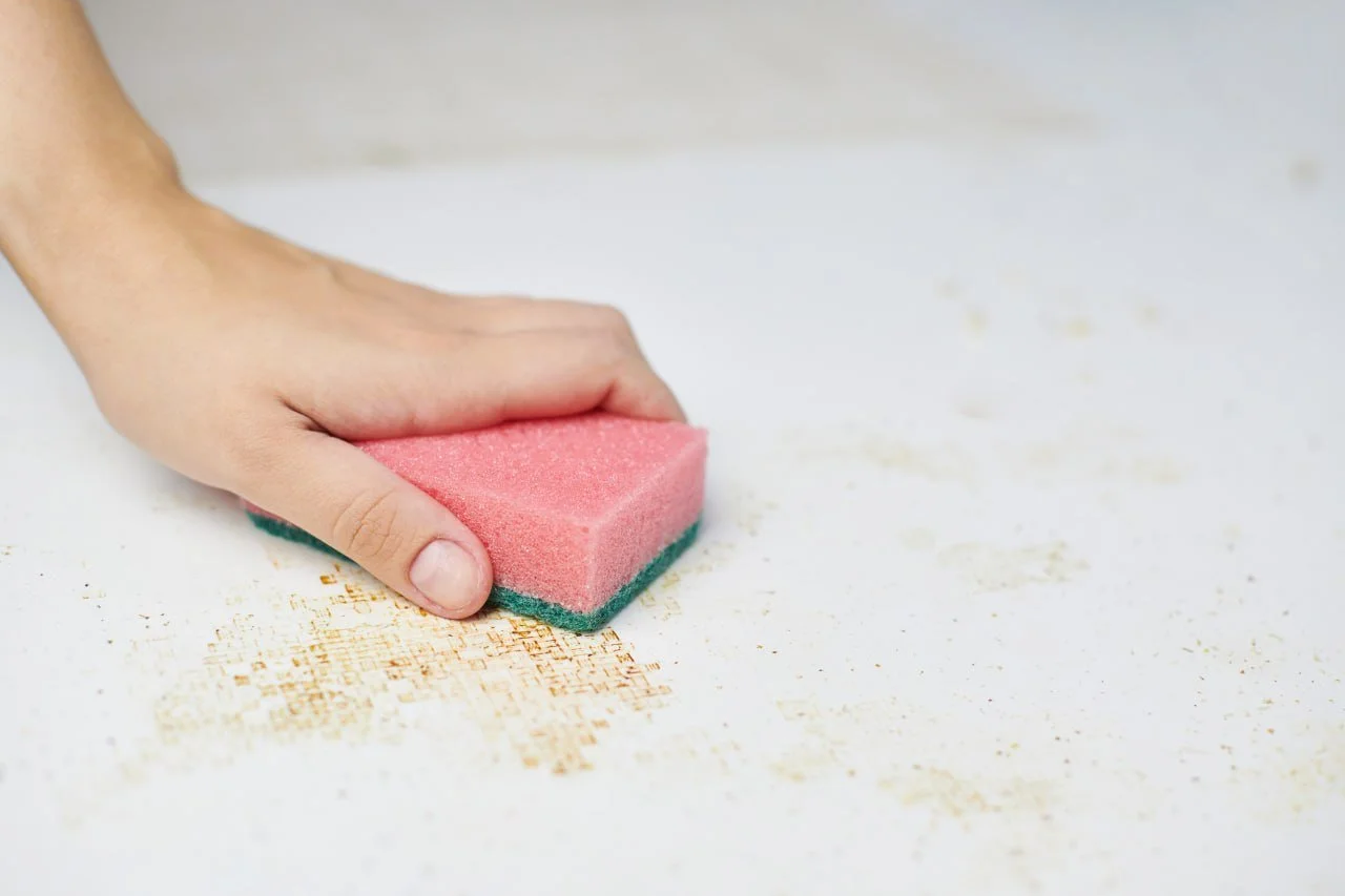 A hand is cleaning a white surface with a pink and green sponge, removing dirt or grime.
