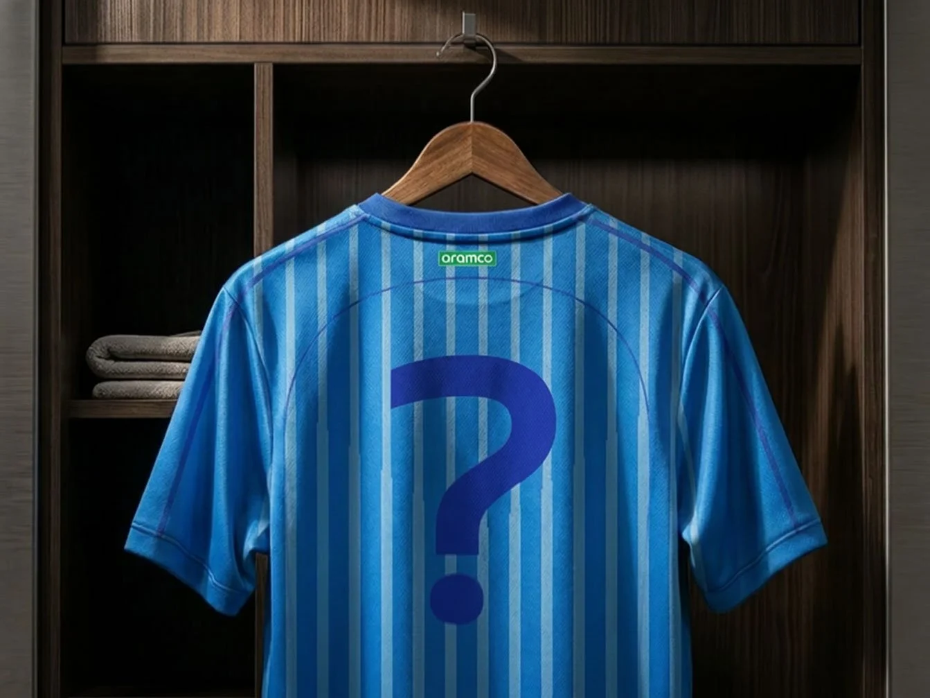 Blue striped sports jersey with a large question mark on the back, hanging in a locker.