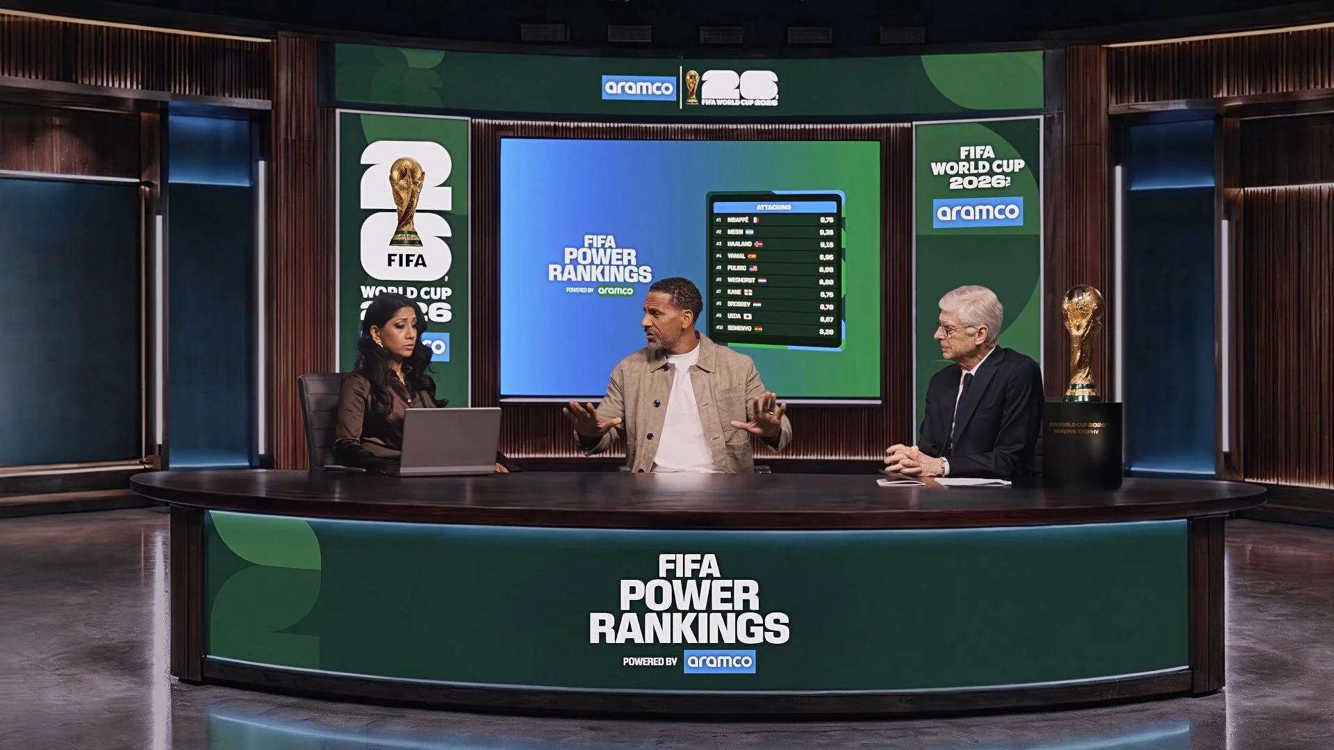 Three people seated at a news desk discussing FIFA World Cup 2026 rankings, with a large screen behind displaying attack rankings of soccer players and FIFA World Cup 2026 branding.