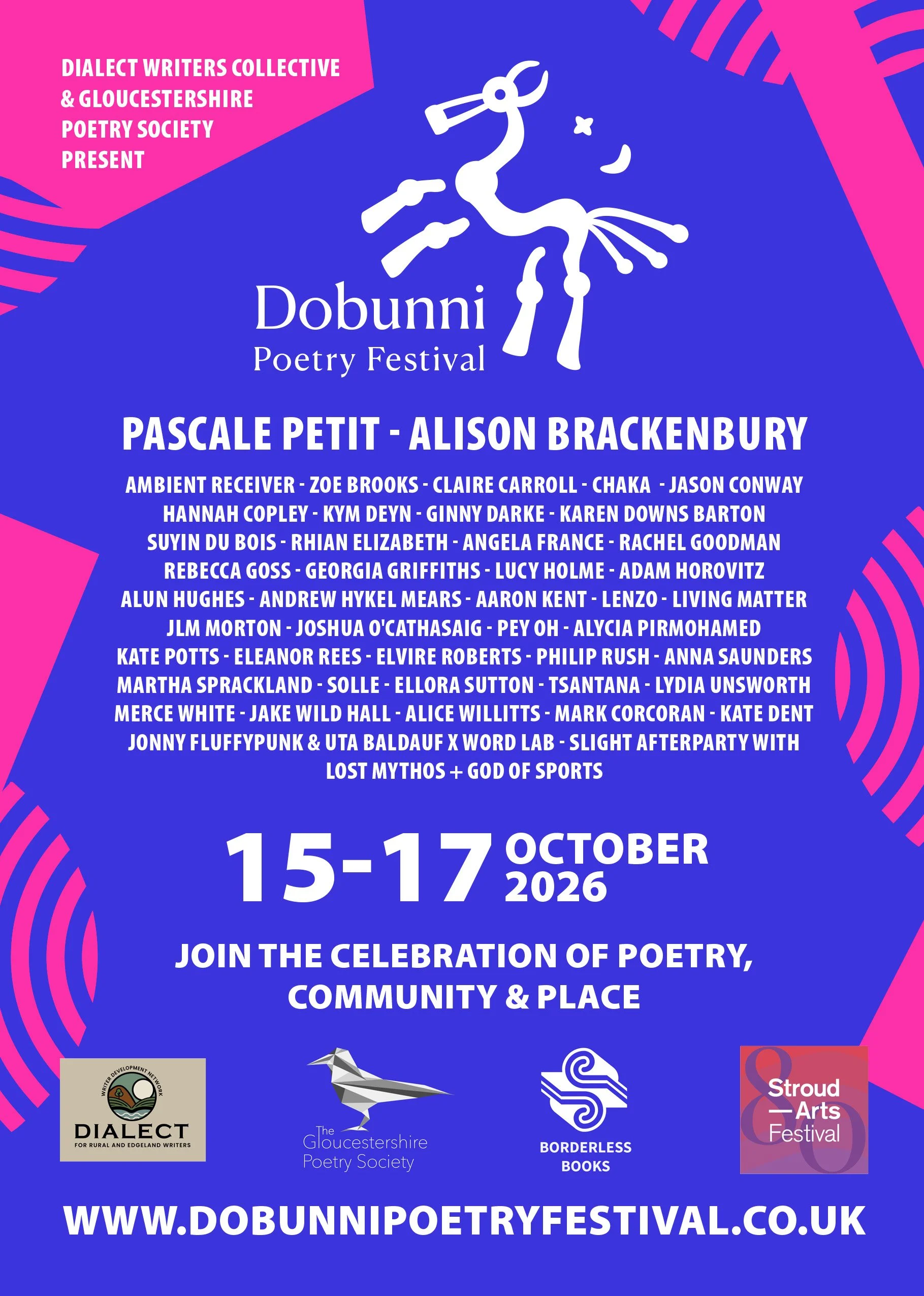 Dubunni Poetry Festival A5 flyer with pink shapes on a blue background and the dobunni logo in white with white text and sponsor logos