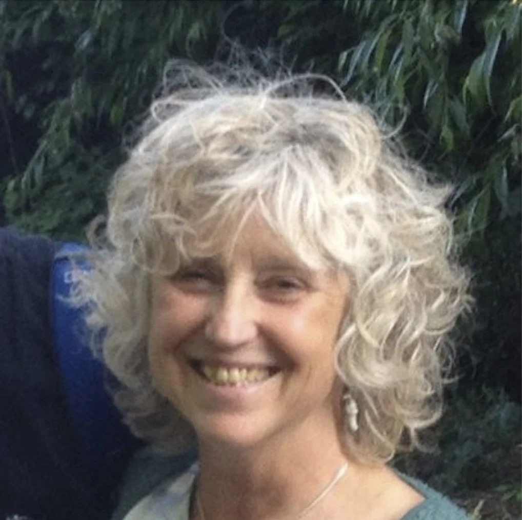 Photo of Jacqui Stearn wearing a teal jumper with green tree in the background