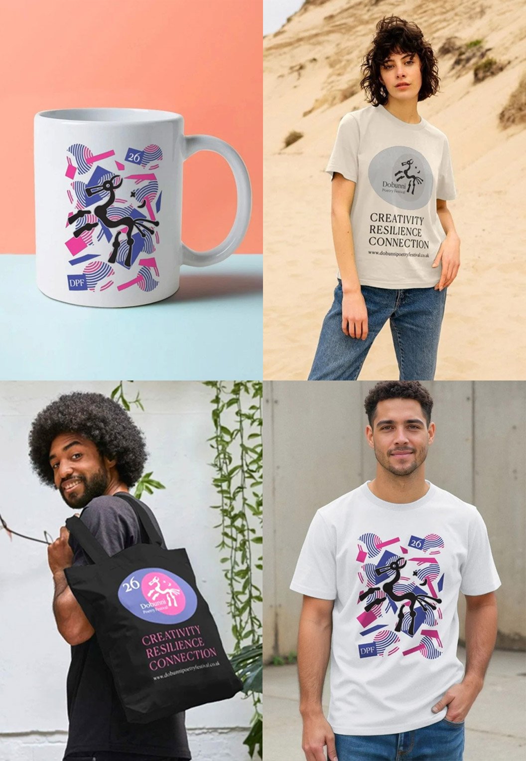 Four merchandise products in a grid. Top left is a mug, top right is a women wearing a sand T-Shirt with Dobunni logo and wording, bottom left is a man holding a branded cotton shopping bag, and bottom right is a man wearing white branded t-shirt