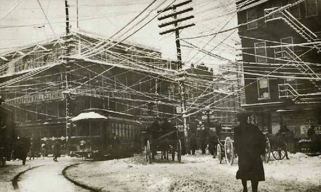 Tangled snarl of early power and telephone lines