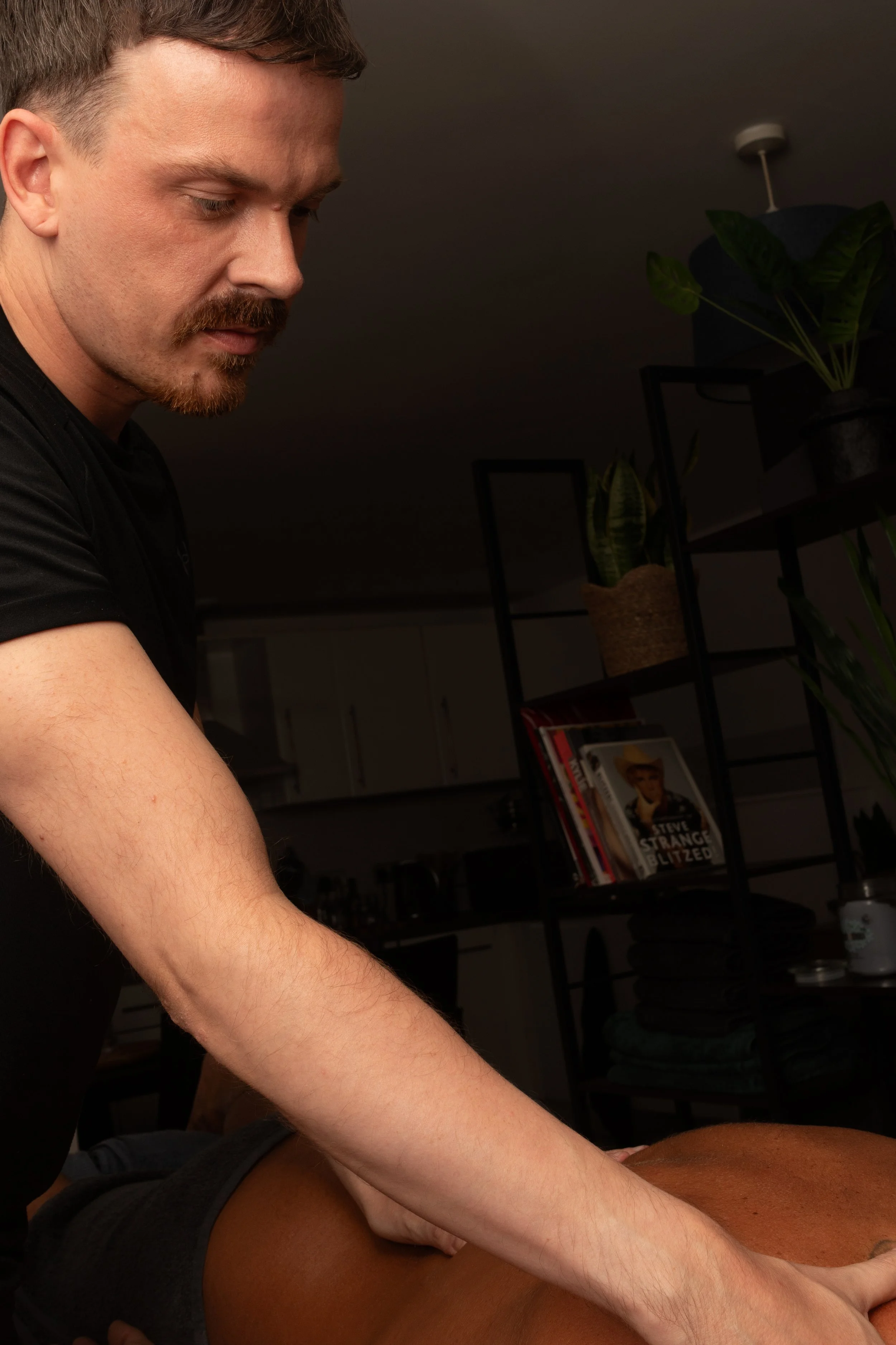 A man with short brown hair and facial hair provides a massage to another person laying face down. The background includes shelves with plants and books.