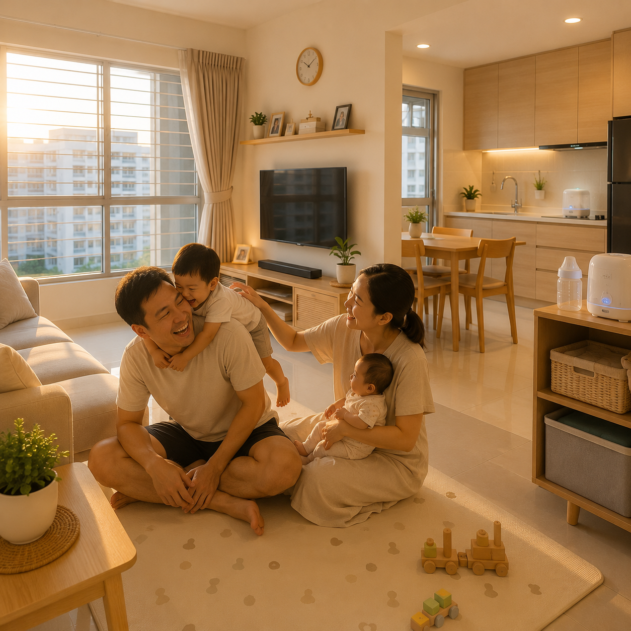 A family of four enjoying time together in a brightly lit living room with large windows, a television, and a modern kitchen in the background. The father, mother, and two young children are smiling and playing on a beige rug.