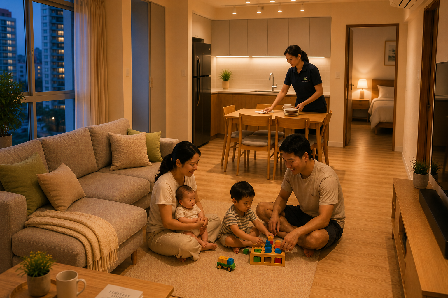 A family of four, including two children and their parents, sits on the floor playing with colorful building blocks in a cozy living room. A housekeeper is cleaning the dining table in the background, and a bedroom is visible through an open door.