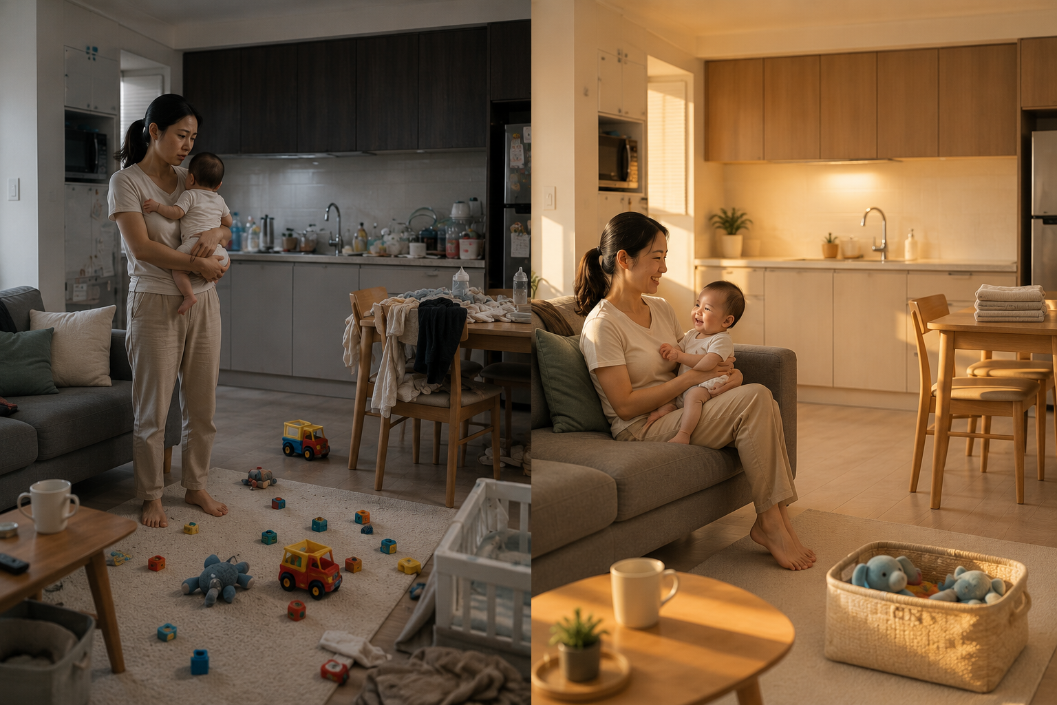 Side-by-side images of a woman with a baby in a living room before and after tidying up. In the first image, the woman is standing holding the baby, surrounded by clutter on the floor, table, and kitchen counter. In the second image, the woman is sitting on a couch, smiling at the baby, with the room neatly organized, toys in a basket, and a clean, bright atmosphere.