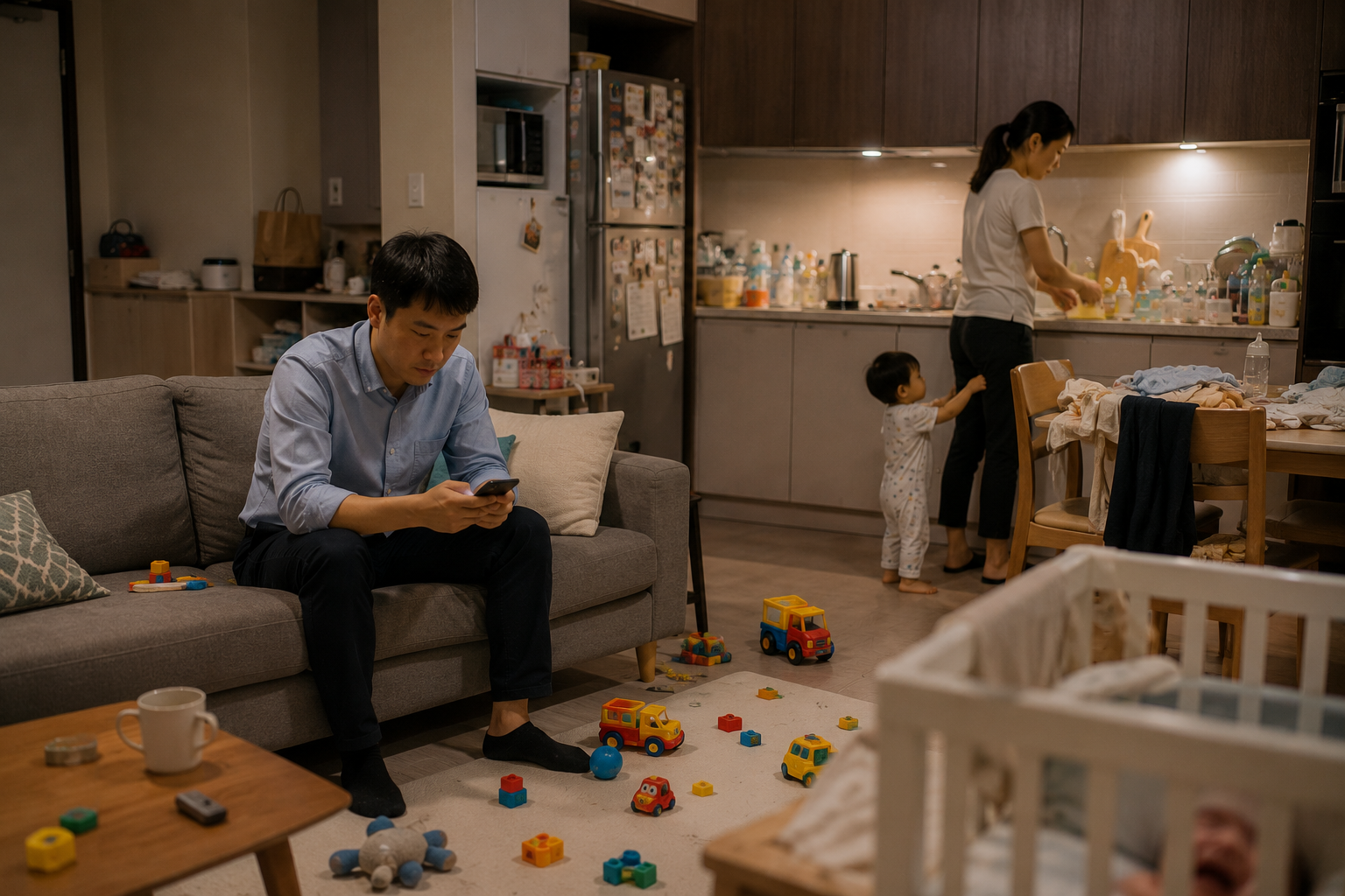 A man sitting on a gray sofa looking at his phone in a living room with children's toys on the floor. In the background, a woman is washing dishes in the kitchen, while a small child reaches for her, next to a dining table with clothes and a water bottle.