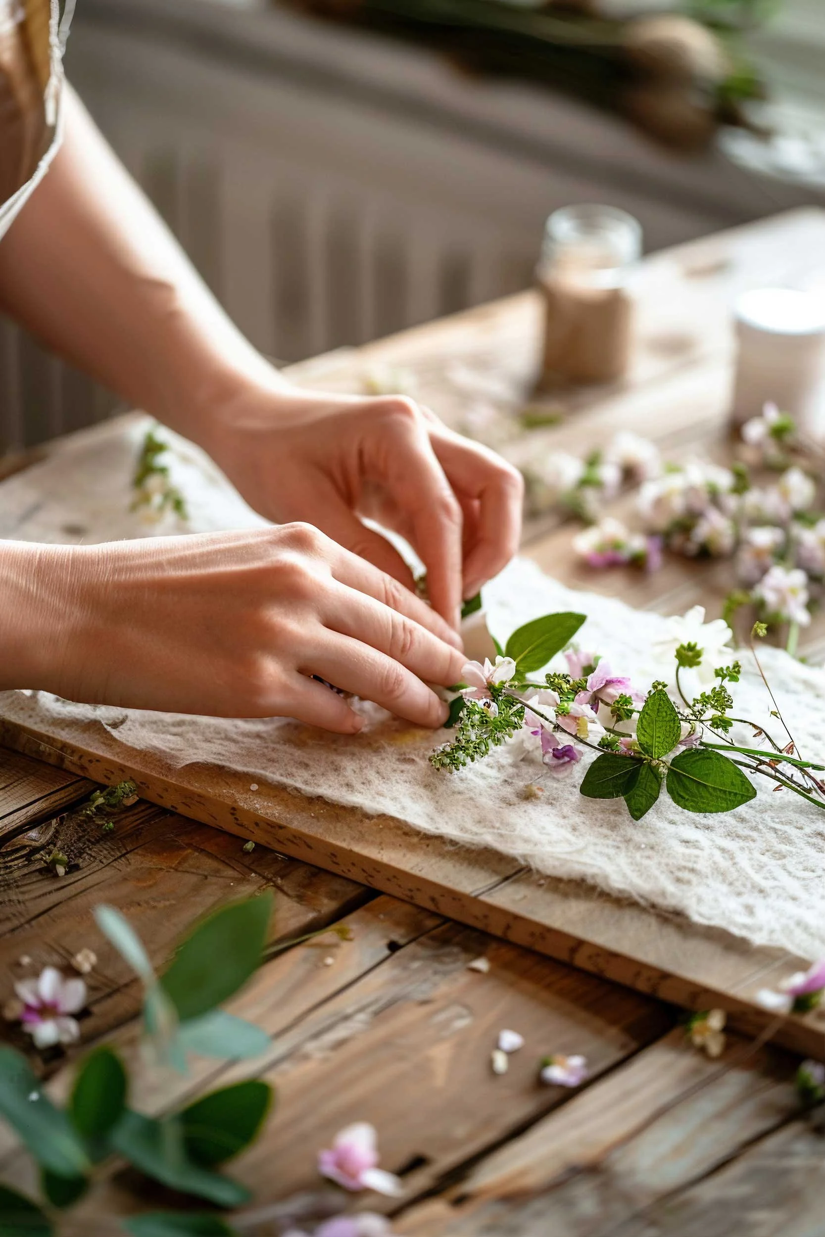 Person arranging pink and white flowers on a piece of fabric on a wooden table.