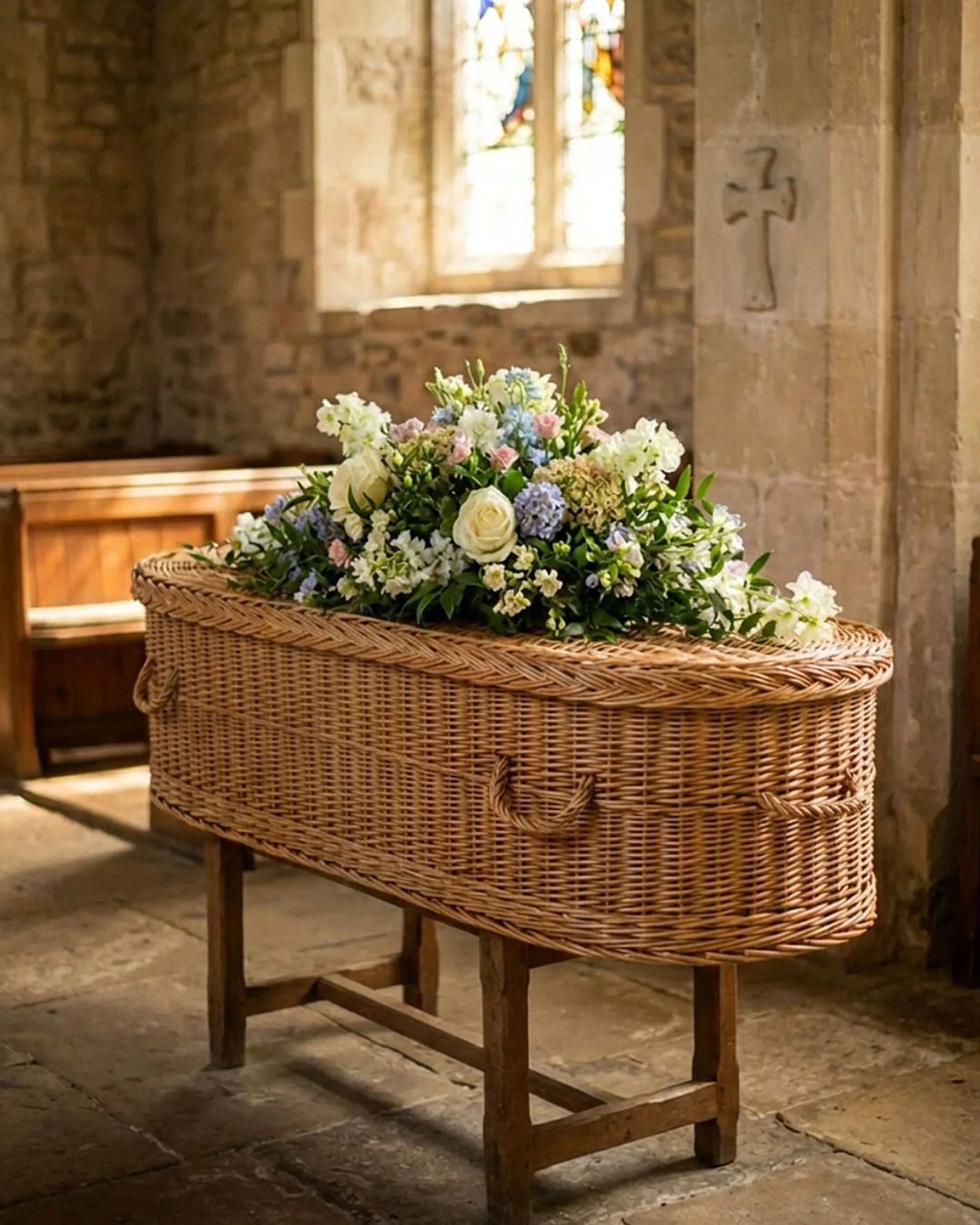 A wicker basket filled with a bouquet of white, pink, and blue flowers is placed on a wooden table inside a stone-walled church with stained-glass windows and a carved cross on the wall.