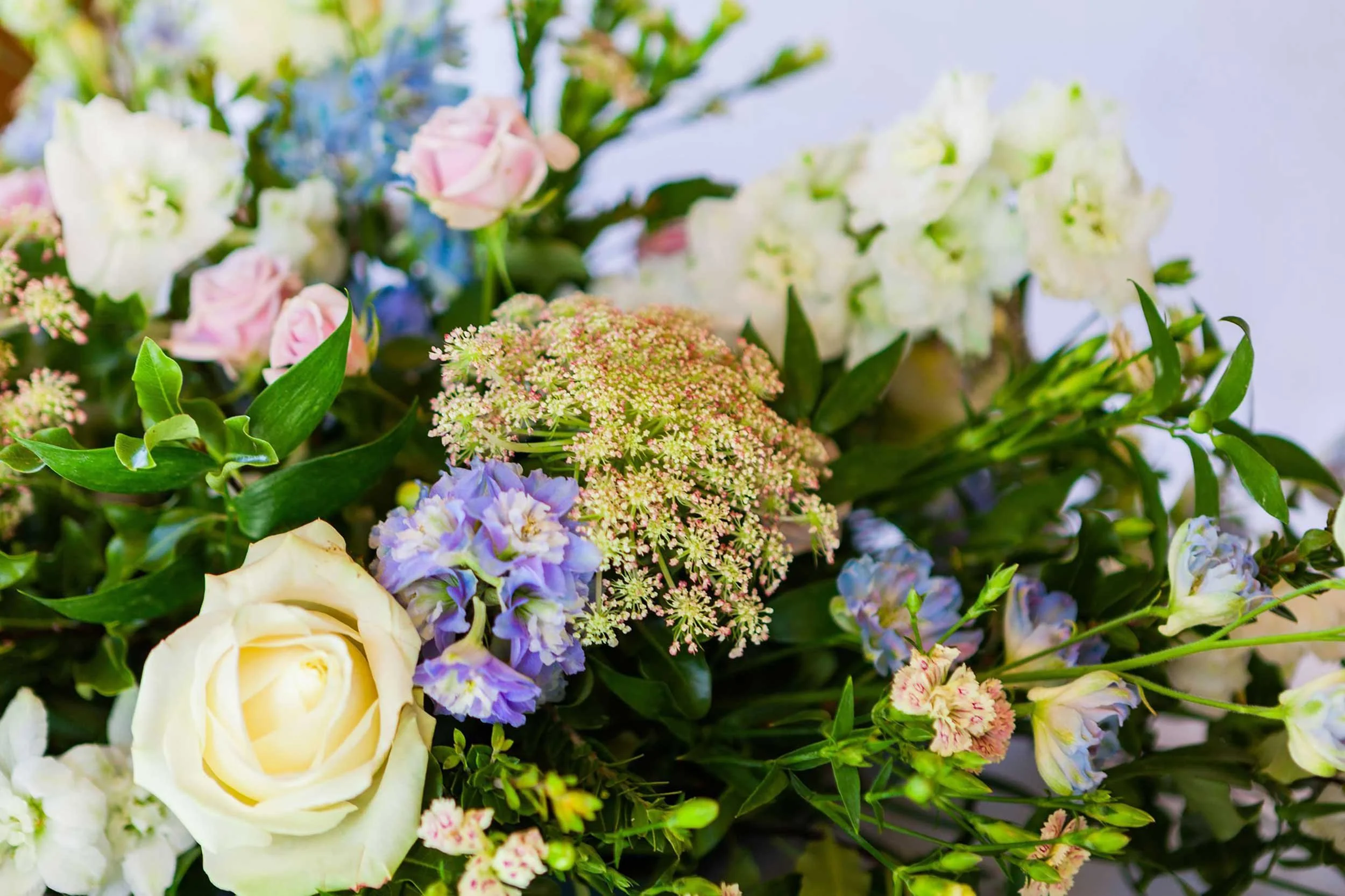 Close-up of a colorful bouquet of various flowers including white roses, pink roses, purple and white hydrangeas, and other small blossoms with green leaves.