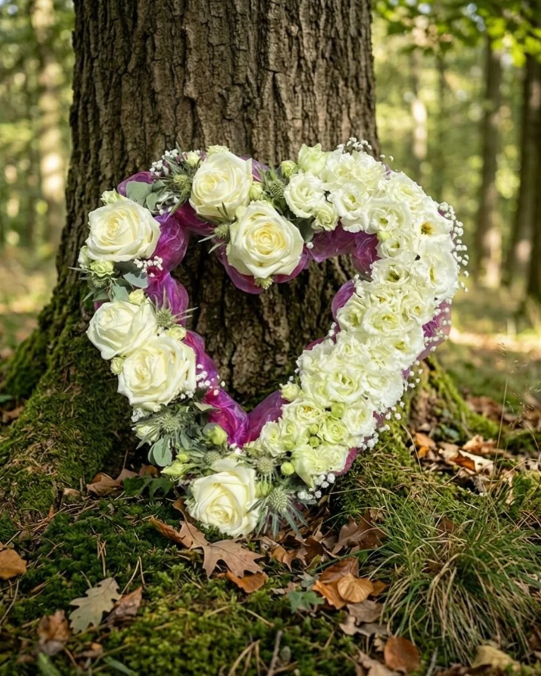 A white and purple floral heart-shaped wreath leaning against a tree trunk in a forest with green moss and fallen leaves on the ground.