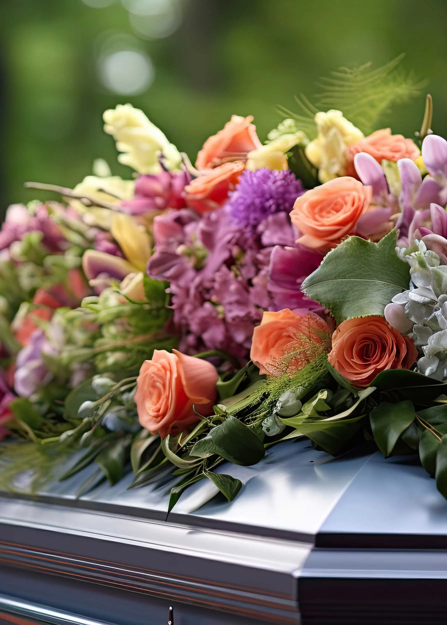A floral arrangement with peach roses, purple, yellow, pink, and white flowers, and green leaves, resting on the hood of a vintage car with a blurred green background.