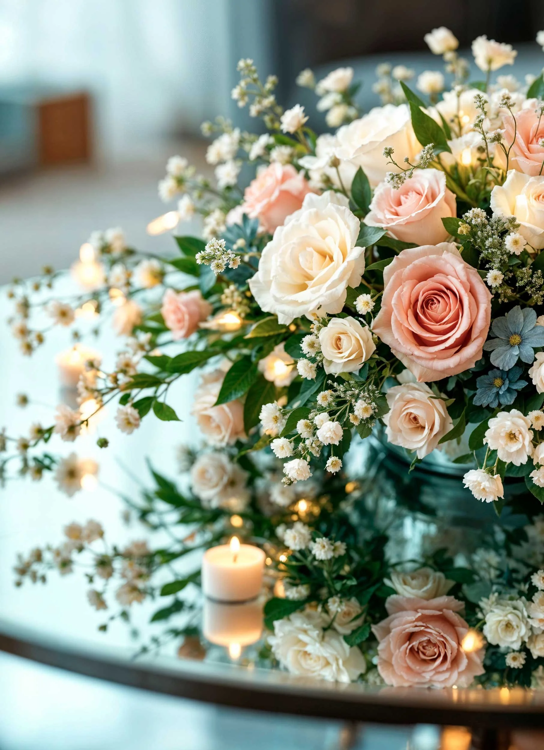 A floral arrangement with white, blush pink, and peach roses, surrounded by small white filler flowers and green leaves, illuminated by candles on a reflective surface.