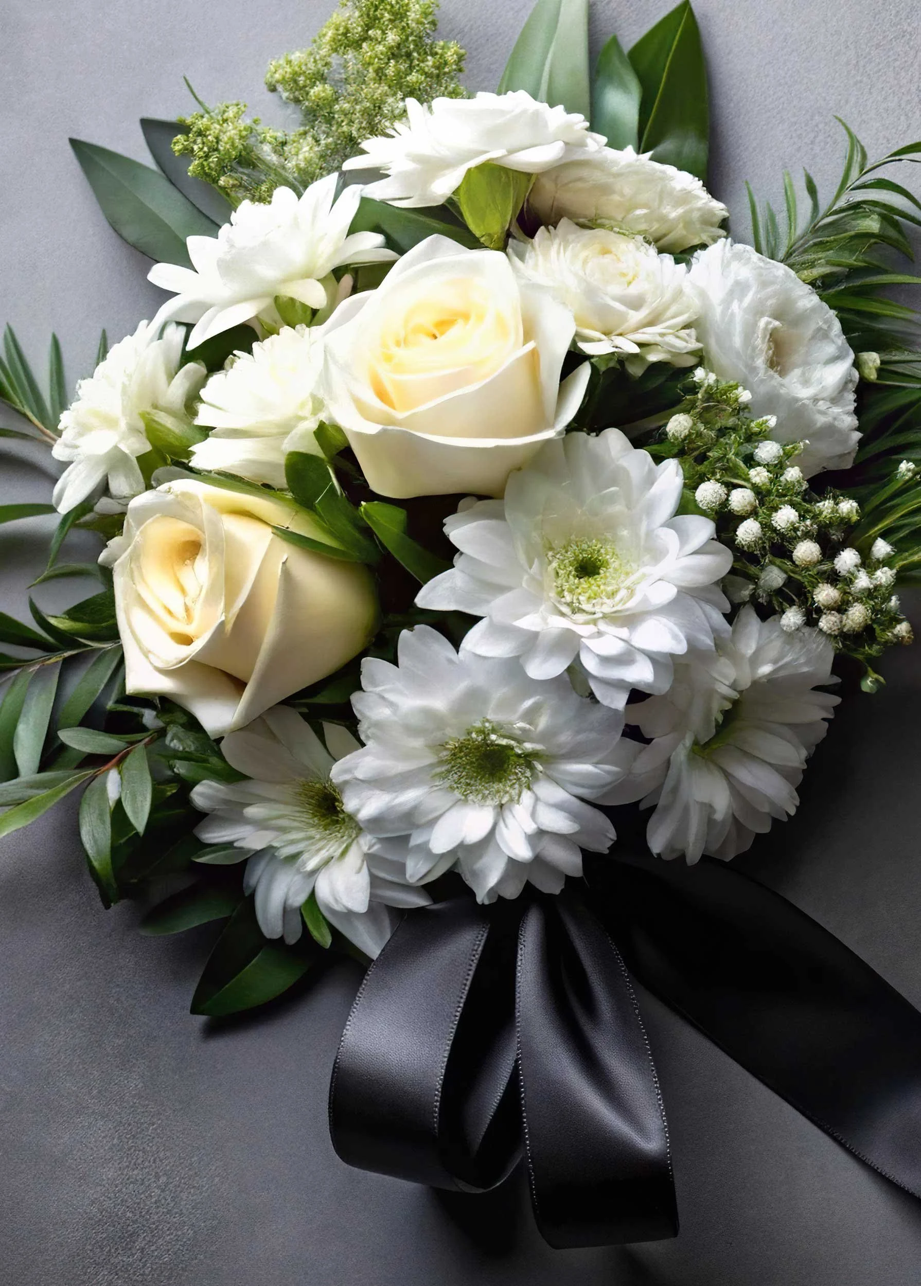 A bouquet of white flowers including roses, daisies, hydrangeas, and greenery, wrapped with a black ribbon.