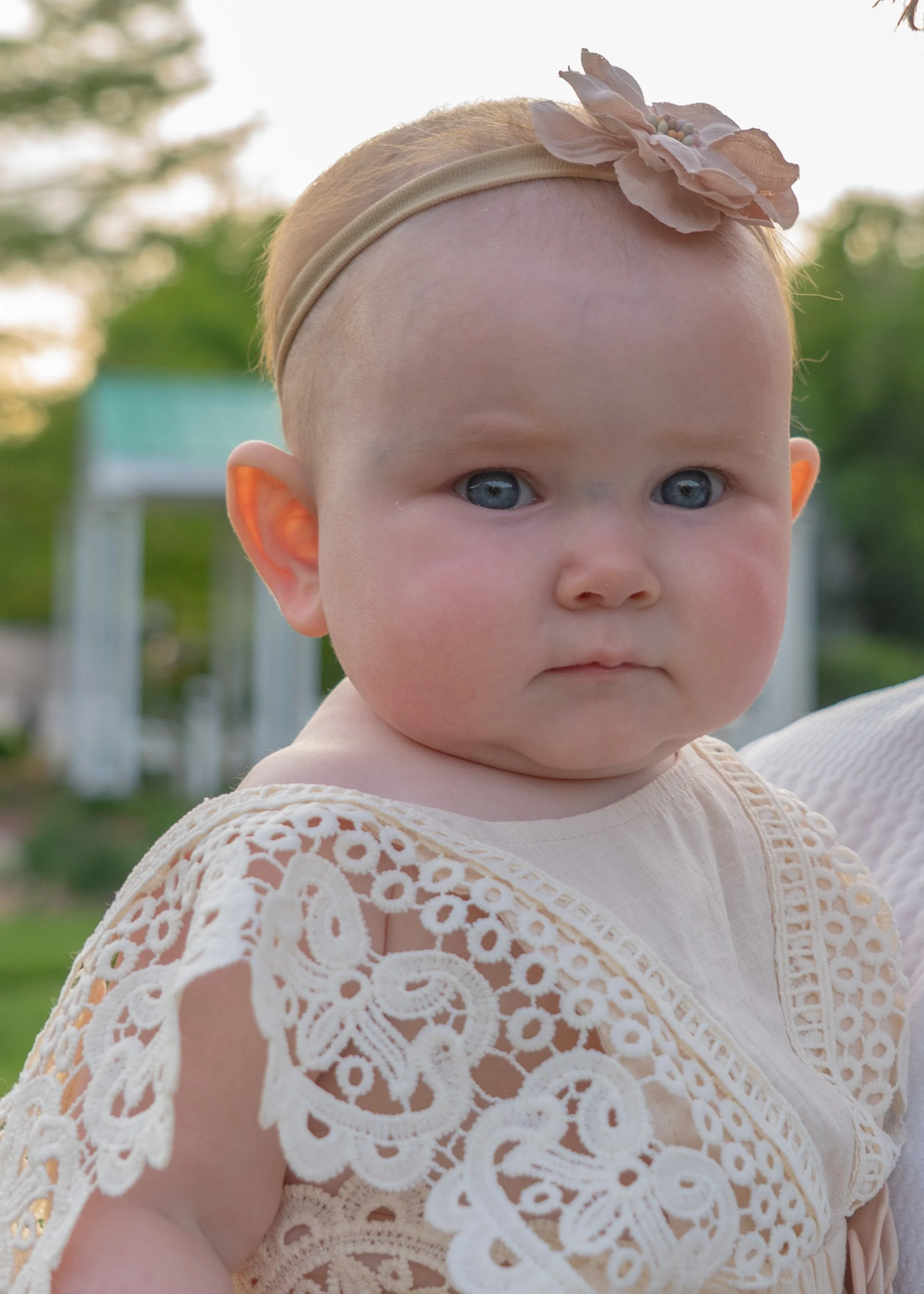 Close-up of a baby girl with baby blue eyes, wearing a beige headband with a pink fabric flower, and a cream-colored dress with lace embroidery, outdoors with blurred trees and sky in the background.