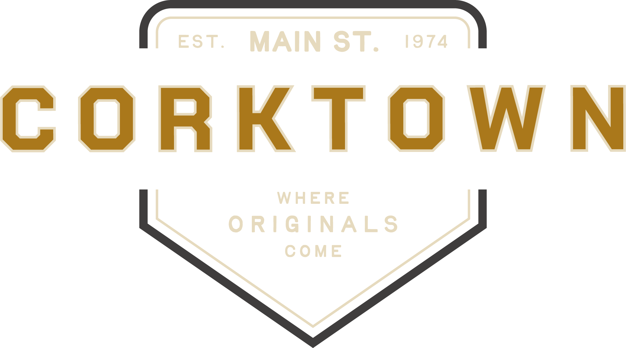 A sign with the text 'EST. MAIN ST. 1974' at the top and 'CORKTOWN' in large gold letters in the center, with the phrase 'WHERE ORIGINALS COME' at the bottom, all on a black background.